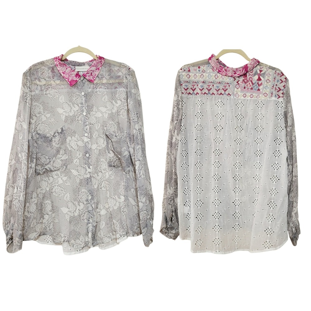 Love and Liberty Womens XL Lagenlook Artsy Silk Embroidered Sheer Floral Blouse